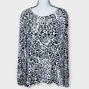 LOFT Black White Abstract Print Long Sleeve Peplum Blouse‎ Top Women Size 10